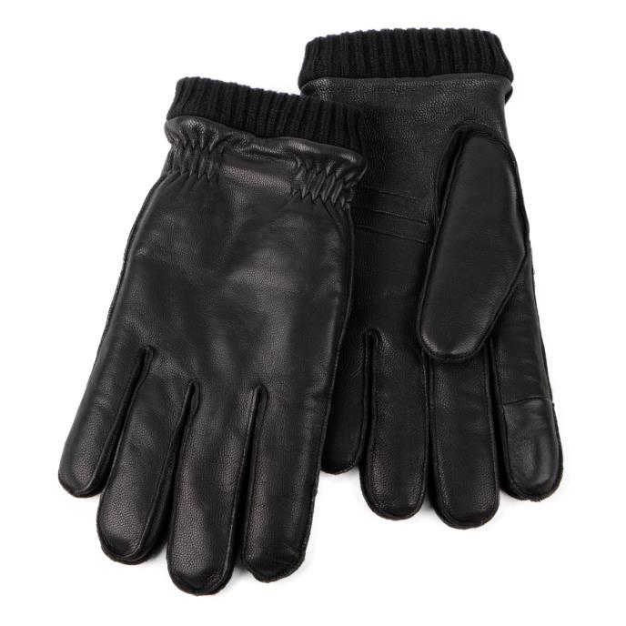 Isotoner® Mens Premium Leather SmarTouch® Glove With Rib Knit Cuff & Sheepskin Lining Black Extra Image 1